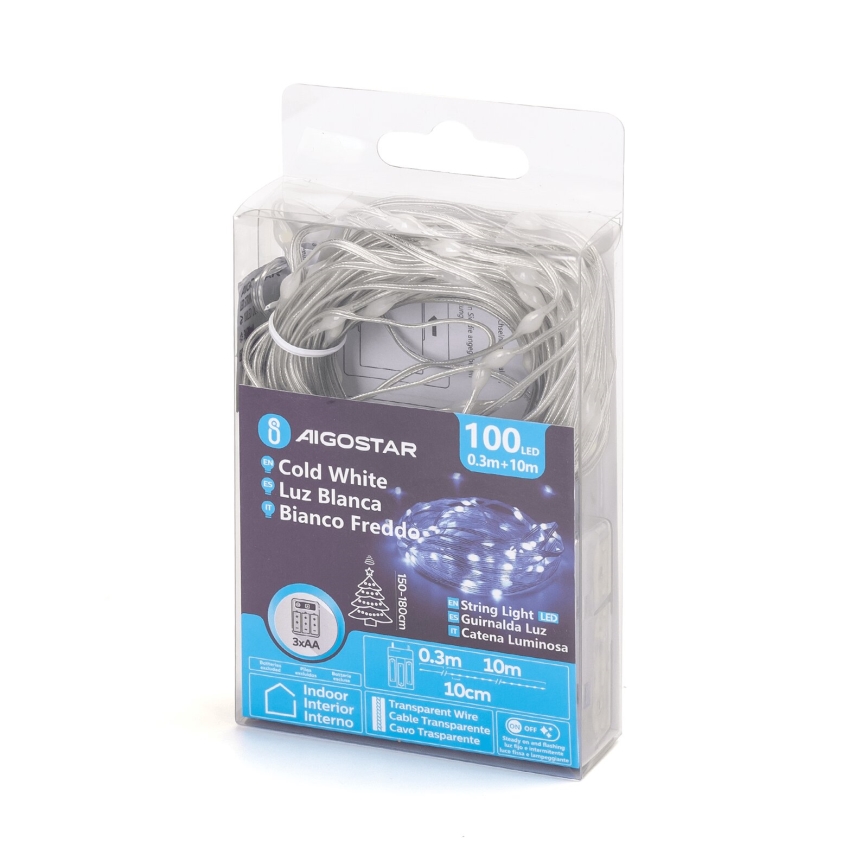 Aigostar - LED julekæde 100xLED/3xAA 10,3m kold hvid
