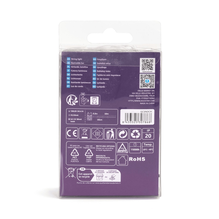 Aigostar - LED julekæde 100xLED/3xAA 10,3m kold hvid