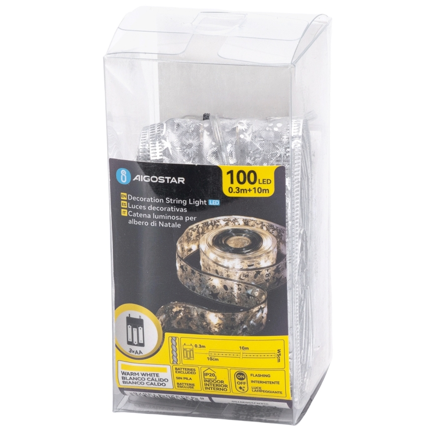 Aigostar - LED-julelyskæde 100xLED/3xAA 10 m varm hvid sølvfarvet