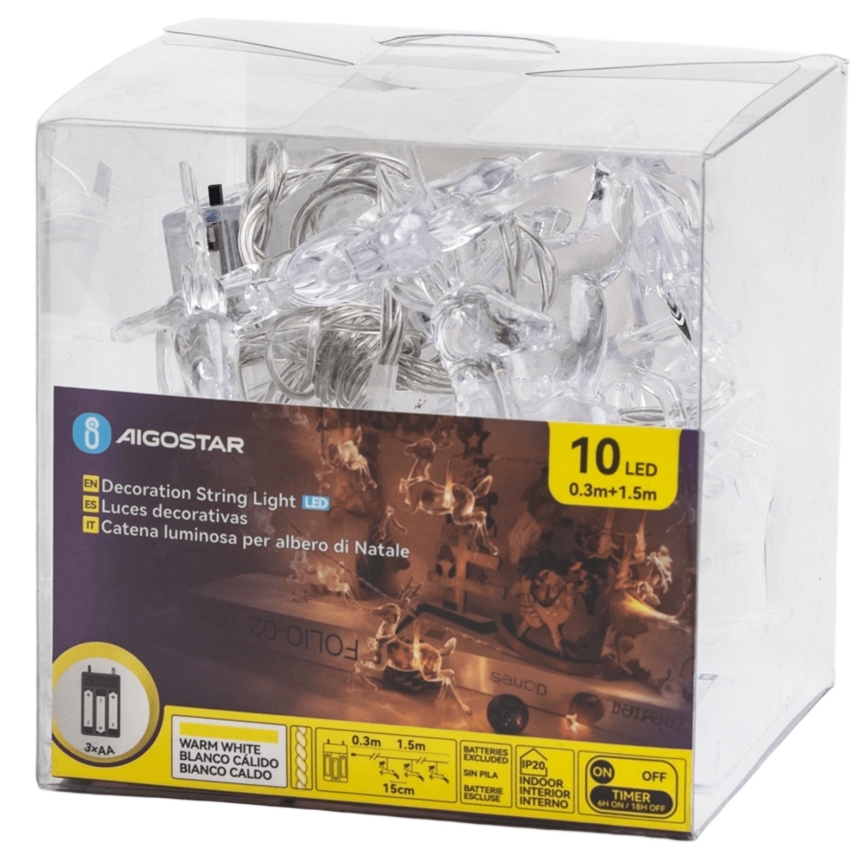 Aigostar - LED julelyskæde 10xLED/3xAA 1,5m varm hvid med hjortemotiv