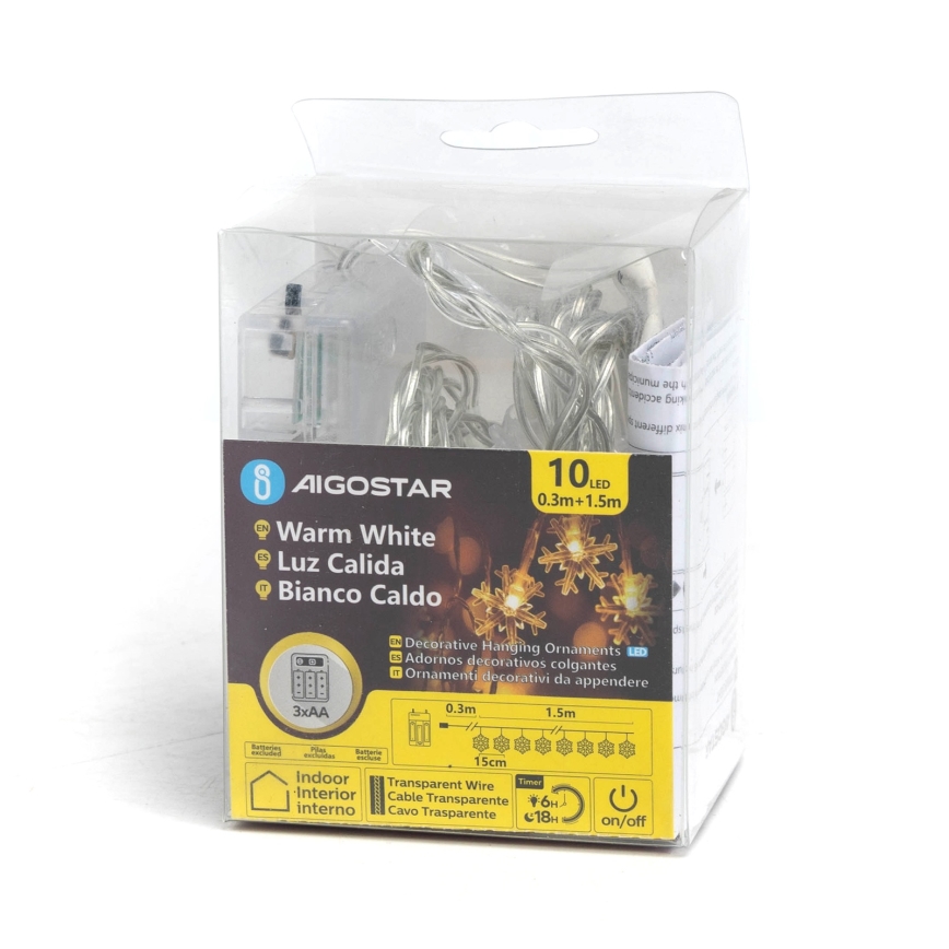 Aigostar - LED-julelyskæde 10xLED/3xAA 1,5m varm hvid, snefnug