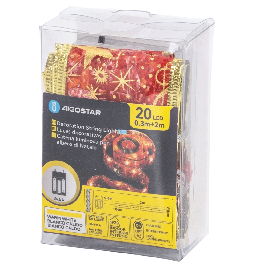 Aigostar - LED-julelyskæde 20 x LED / 3 x AA, 2 m, varm hvid / rød