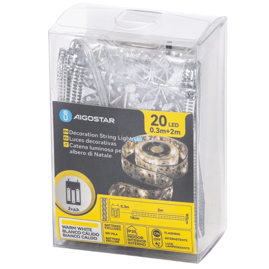 Aigostar - LED julelyskæde 20xLED/3xAA 2 m varm hvid sølv