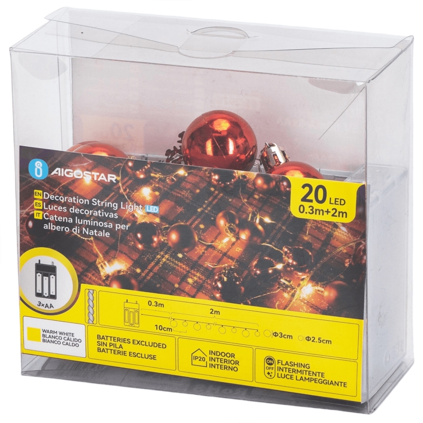 Aigostar - LED julelyskæde 20xLED/3xAA 2m varm hvid