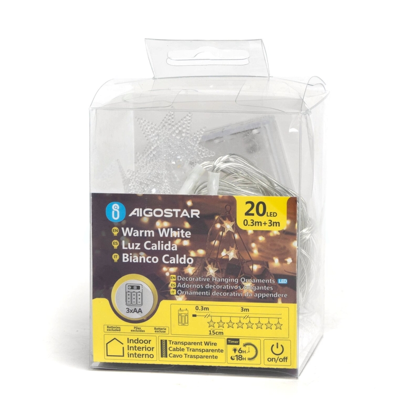 Aigostar - LED julelyskæde 20xLED/3xAA 3,3m stjerner