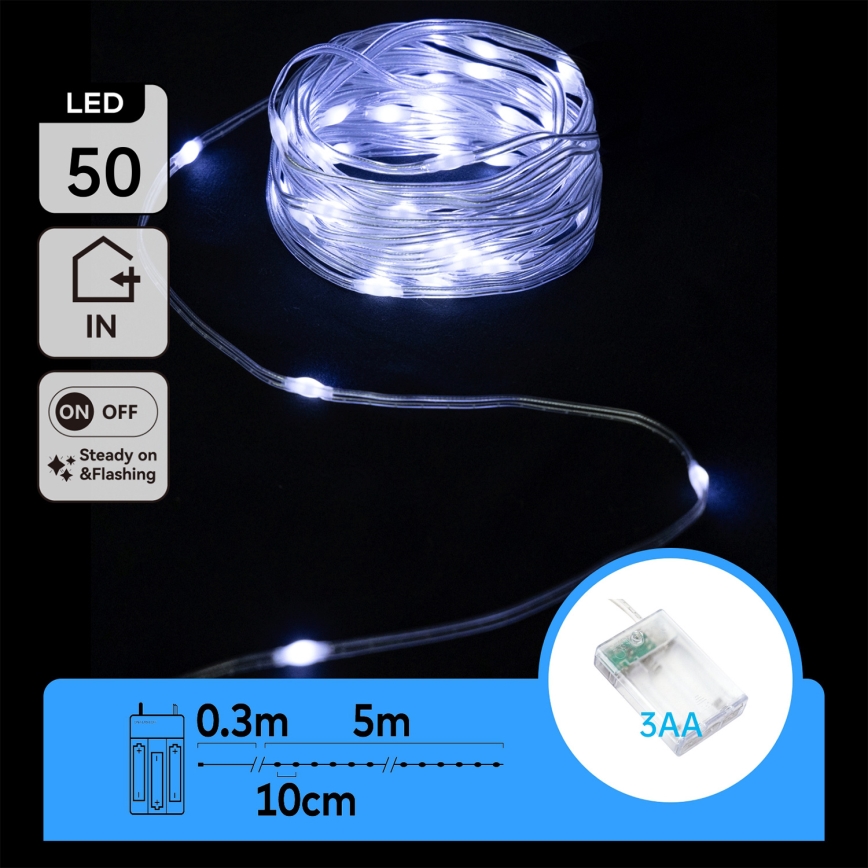 Aigostar - LED Julelyskæde 50xLED/3xAA 5,3m kold hvid