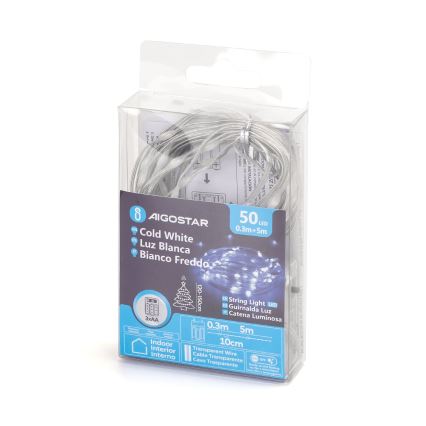 Aigostar - LED julelyskæde 50xLED/3xAA 5,3m kold hvid