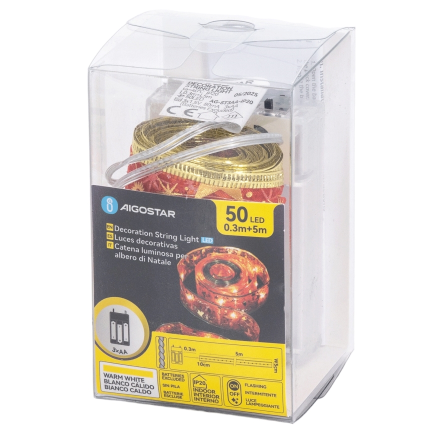Aigostar - LED julelyskæde 50xLED/3xAA 5m varm hvid/rød