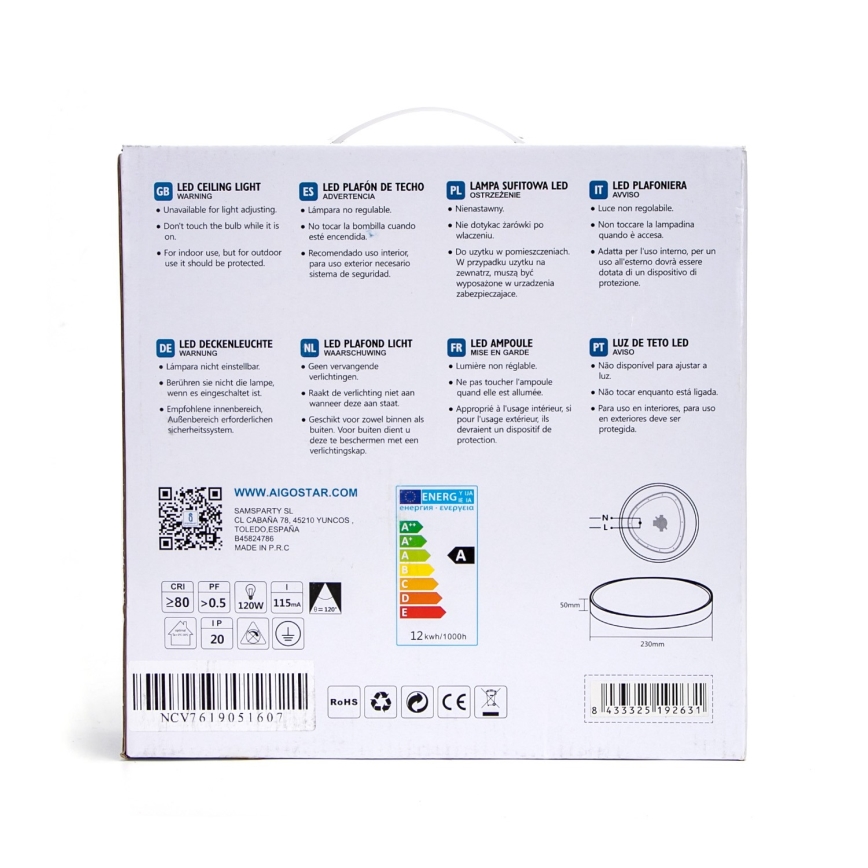 Aigostar - LED loftlampe LED/12W/230V 3000K diam. 23 cm sort