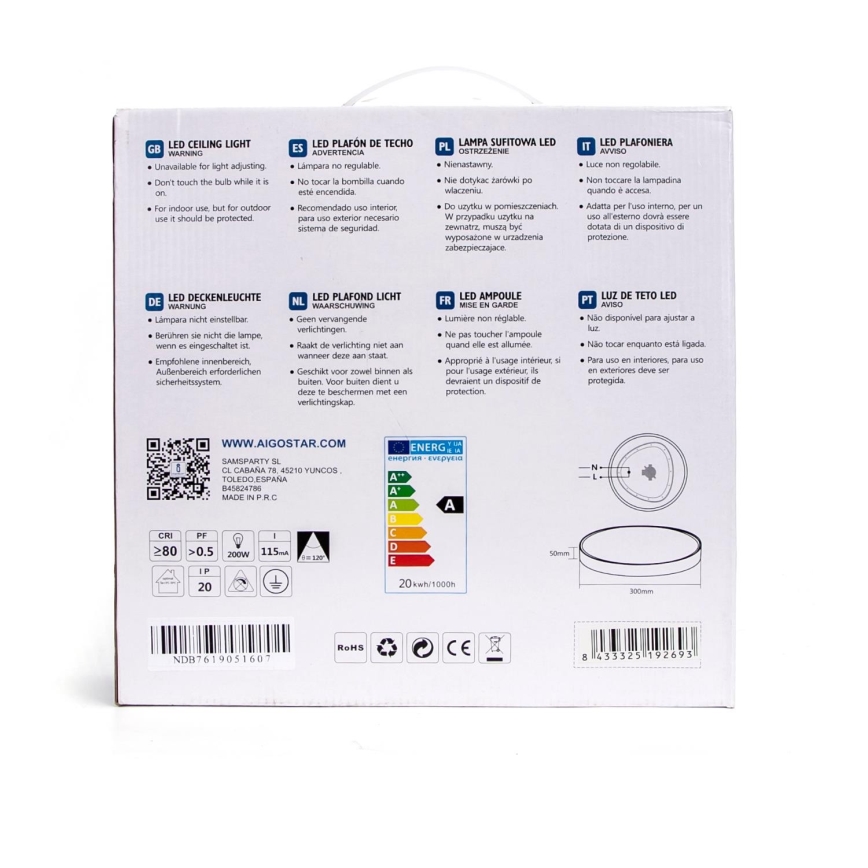 Aigostar - LED loftlampe LED/20W/230V 3000K diam. 30 cm grå