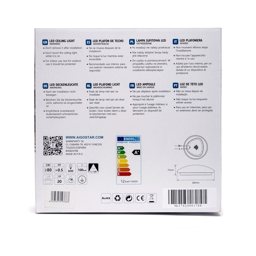 Aigostar - LED-loftlampe med sensor LED/12W/230V 3000K Ø 28 cm