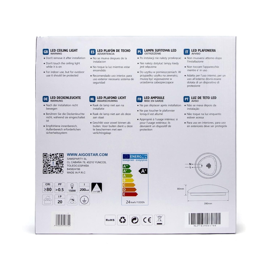 Aigostar - LED loftlampe med sensor LED/24W/230V 3000K