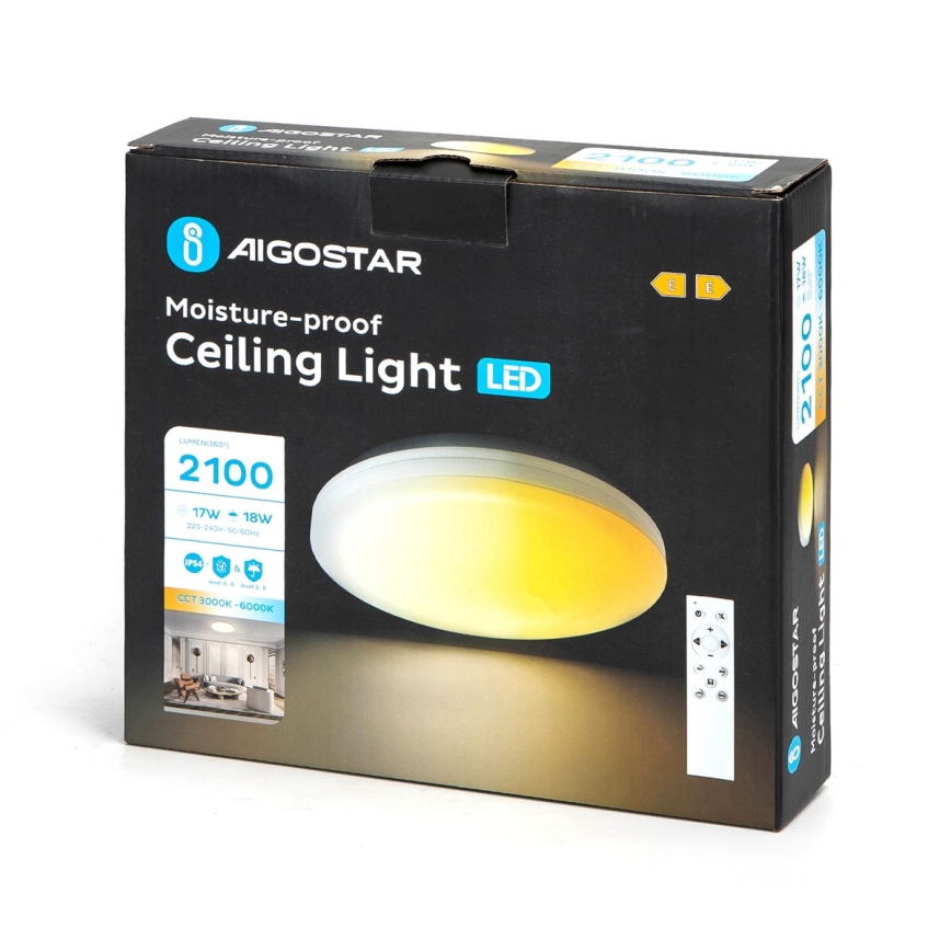Aigostar - LED loftlampe til badeværelse dæmpbar LED/18W/230V 3000-6000K IP54 + fjernbetjening