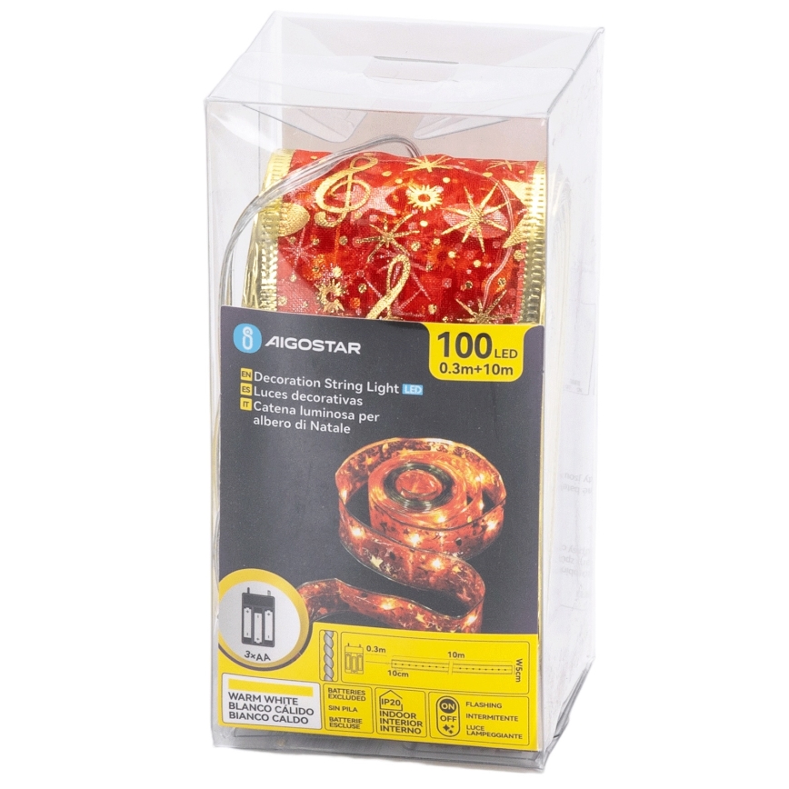 Aigostar - LED-lyskæde 100xLED/3xAA 10 m varm hvid rød