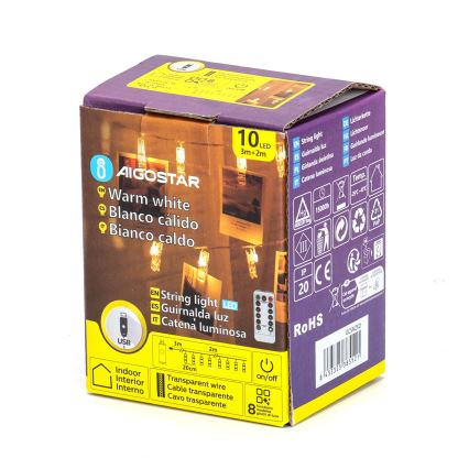 Aigostar - LED-lyskæde 10xLED/5W/USB 5 m varm hvid