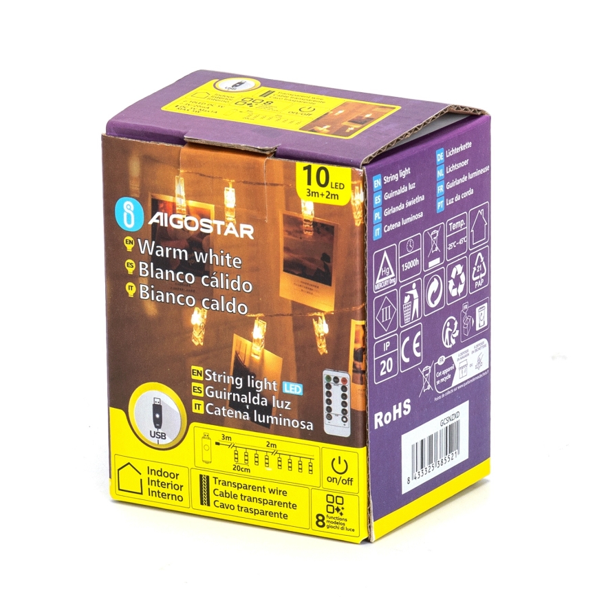 Aigostar - LED-lyskæde 10xLED/5W/USB 5 m varm hvid