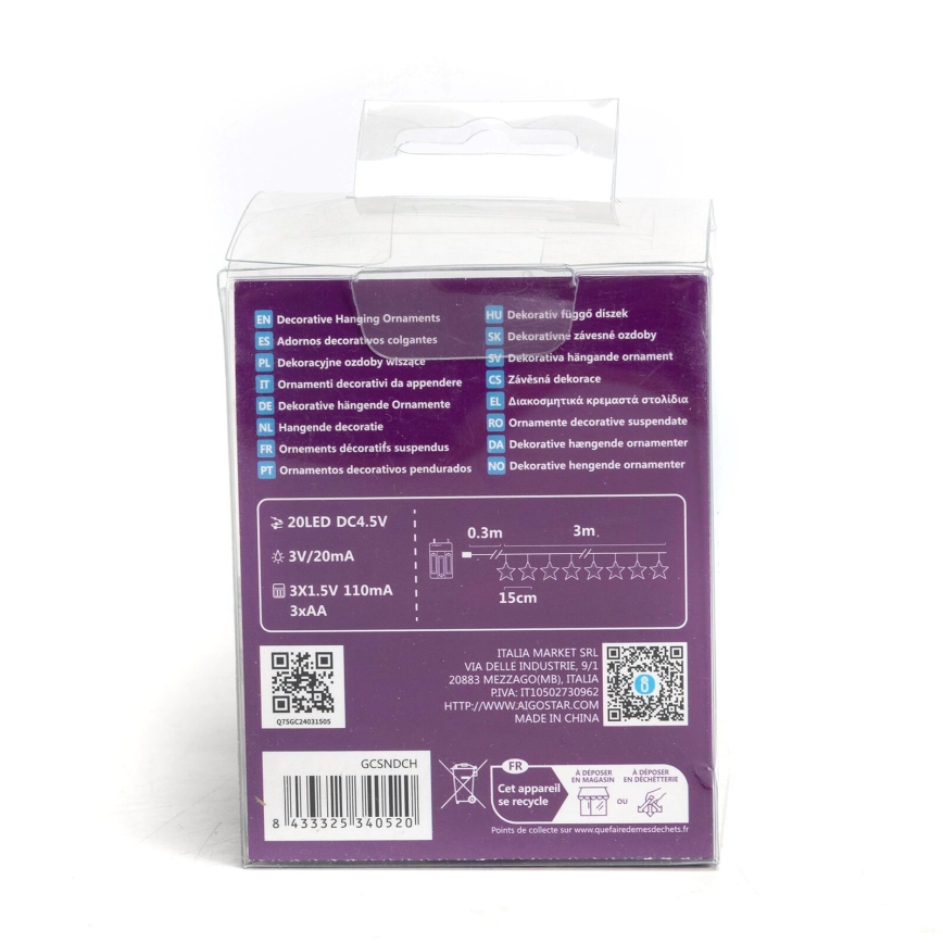 Aigostar - LED  lyskæde 20xLED/3xAA 3,3m stjerner