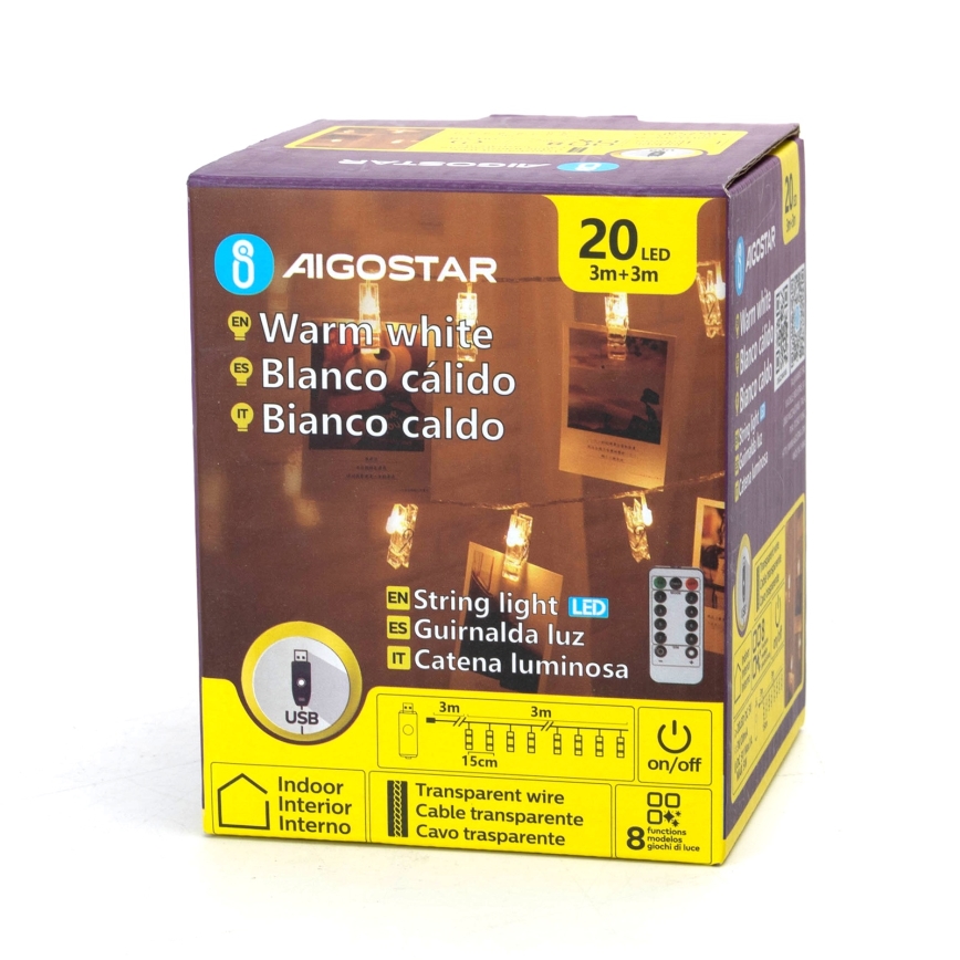 Aigostar - LED lyskæde 20xLED/5W/USB 6 m varm hvid