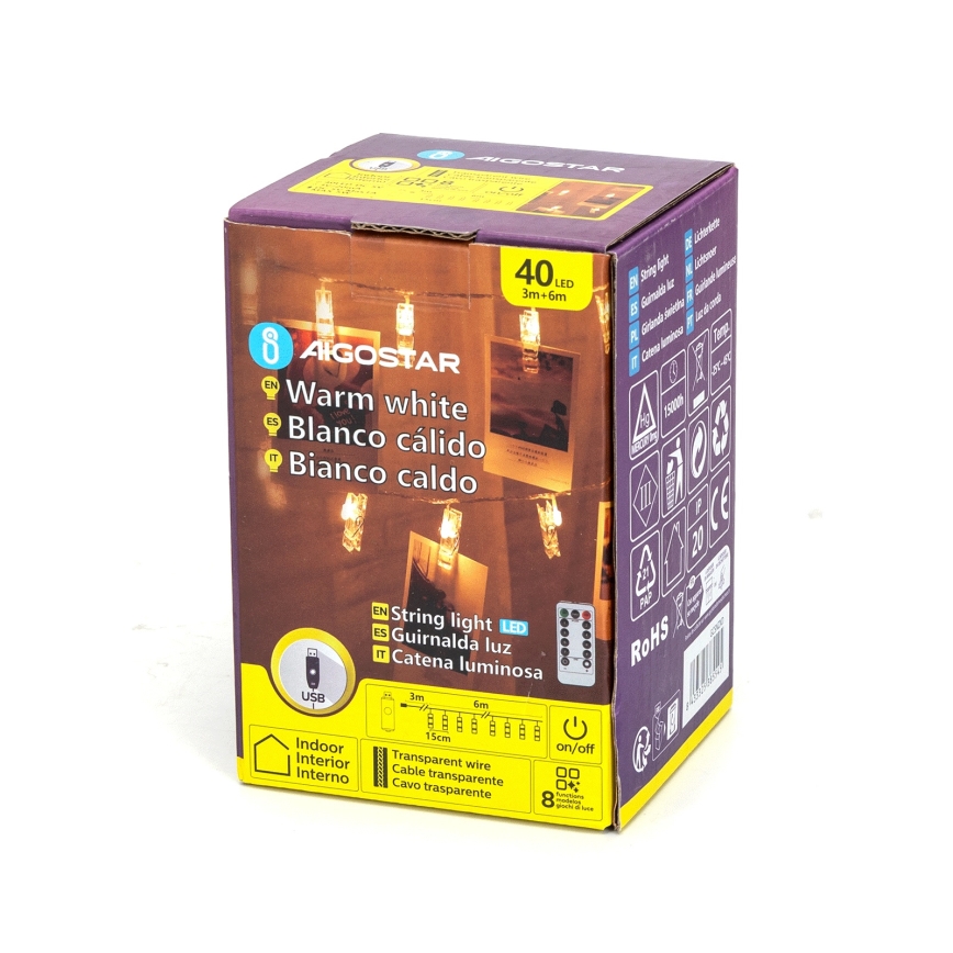 Aigostar - LED-lyskæde 40 x LED/5W/USB 9 m varm hvid