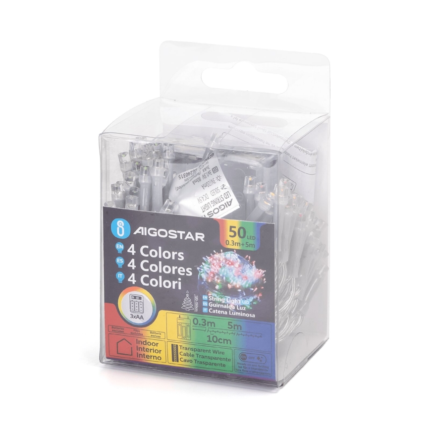 Aigostar - LED-lyskæde 50 LED, 3 x AA, 5,3 m, multifarvet