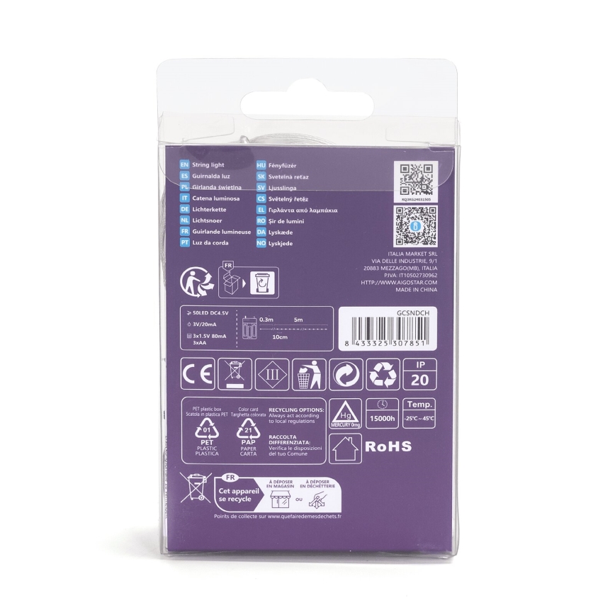 Aigostar - LED-lyskæde 50xLED/3xAA 5,3m kold hvid