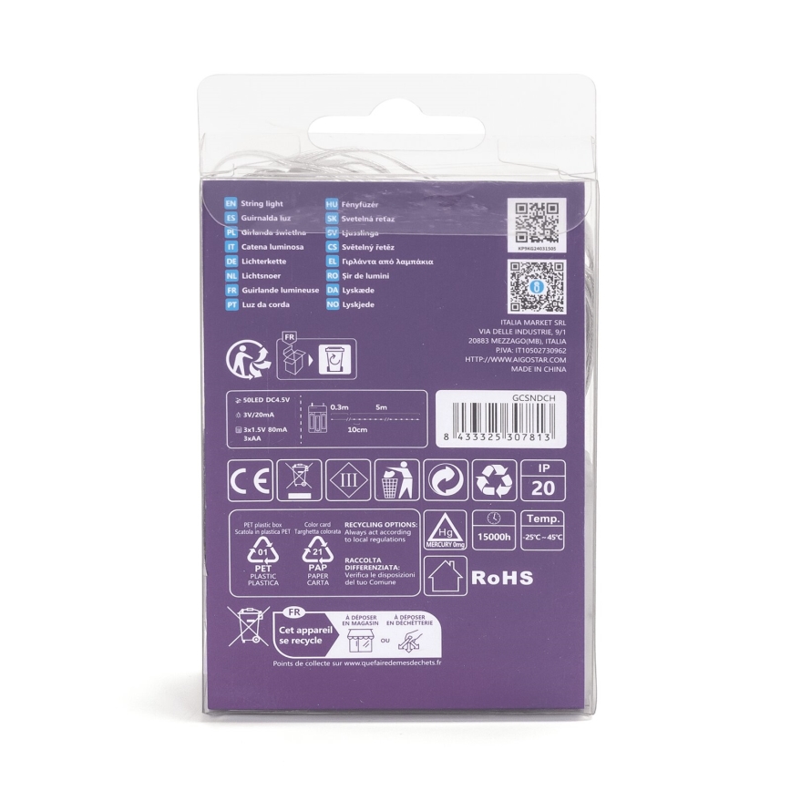 Aigostar - LED-lyskæde 50xLED/3xAA 5,3m varm hvid