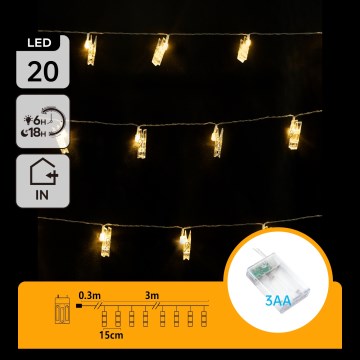 Aigostar - LED lyskæde med klemmer 20xLED/3xAA 3,3m varm hvid