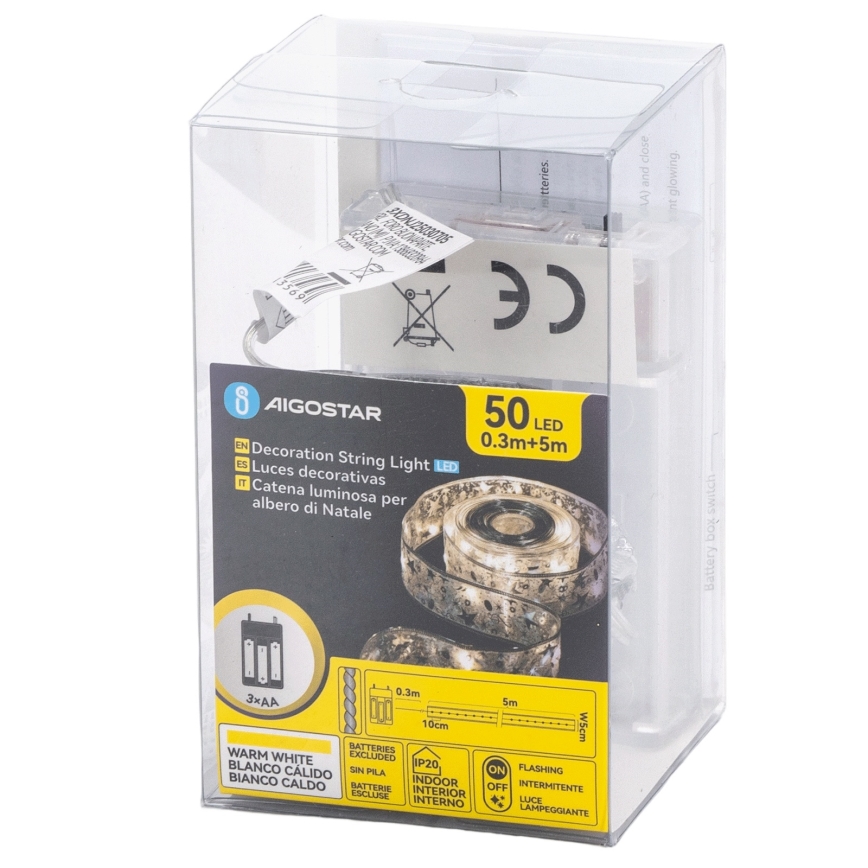 Aigostar - LED julekæde 50xLED/3xAA 5 m varm hvid sølv