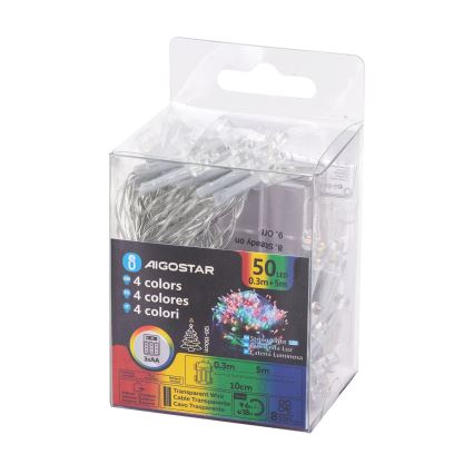 Aigostar - LED-lyskæde til udendørs brug, 50 LED / 8 funktioner, 3xAA, 5,3 m, IP44, multifarvet