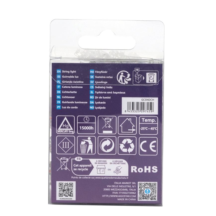 Aigostar - LED-lyskæde til udendørs brug, 50 LED / 8 funktioner, 3xAA, 5,3 m, IP44, multifarvet