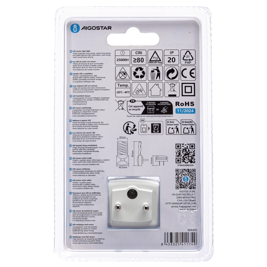 Aigostar - LED natlampe med skumringssensor LED/0,2W/230V 3000K
