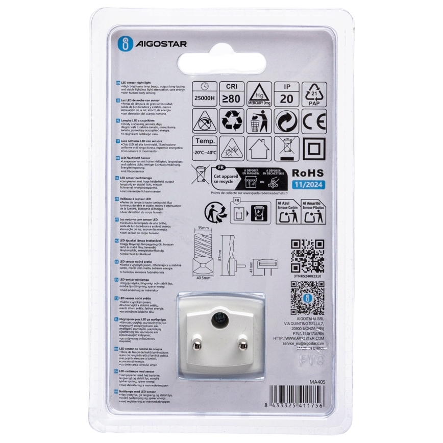 Aigostar - LED natlampe med skumringssensor LED/0,2W/230V 6500K