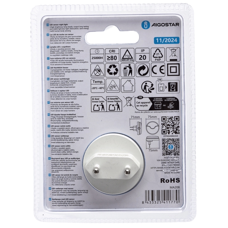 Aigostar - LED natlampe med skumringssensor LED/0,5W/230V 6500K