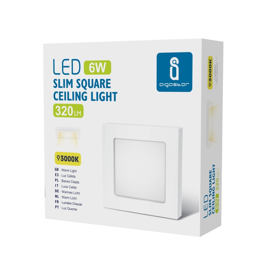 Aigostar - LED overflademonteret loftlampe, 6 W, 230 V, 3000 K, 12,2 x 12,2 cm, hvid