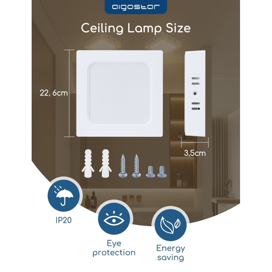 Aigostar - LED overflademonteret loftlampe LED/18W/230V 3000K 22,6x22,6 cm hvid