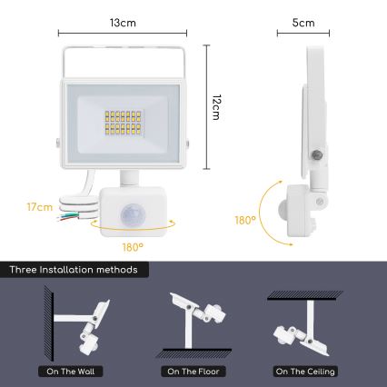 Aigostar - LED projektør med sensor LED/20W/230V 4000K IP65 hvid