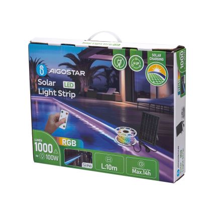 Aigostar - LED RGB dæmpbar solcellebånd LED/10W/3,2V 10 m IP65 8000 mAh + fjernbetjening