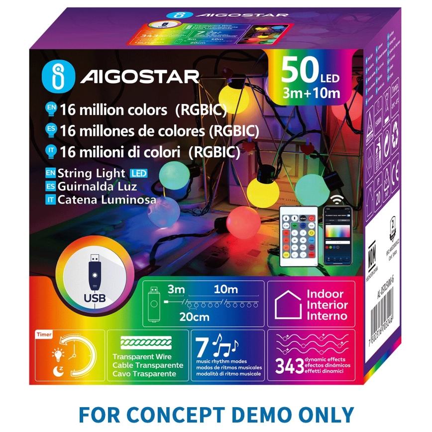 Aigostar - LED RGBIC Dekorationskæde 25xLED/5W/USB 10 m multifarvet