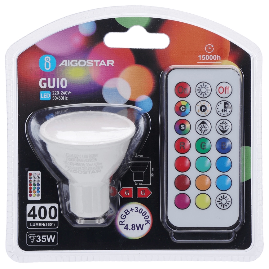 Aigostar - Dæmpbar LED RGBW-pære GU10/4,8W/230V 3000K + fjernbetjening