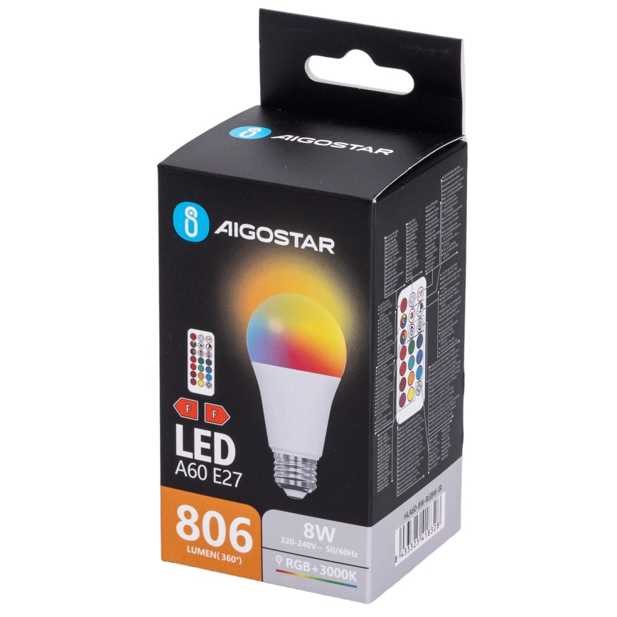 Aigostar - Dæmpbar LED RGBW-pære A60 E27/8W/230V 3000K + fjernbetjening