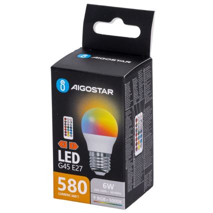 Aigostar - LED RGBW dæmpbar pære G45 E27/6W/230V 3000K + fjernbetjening