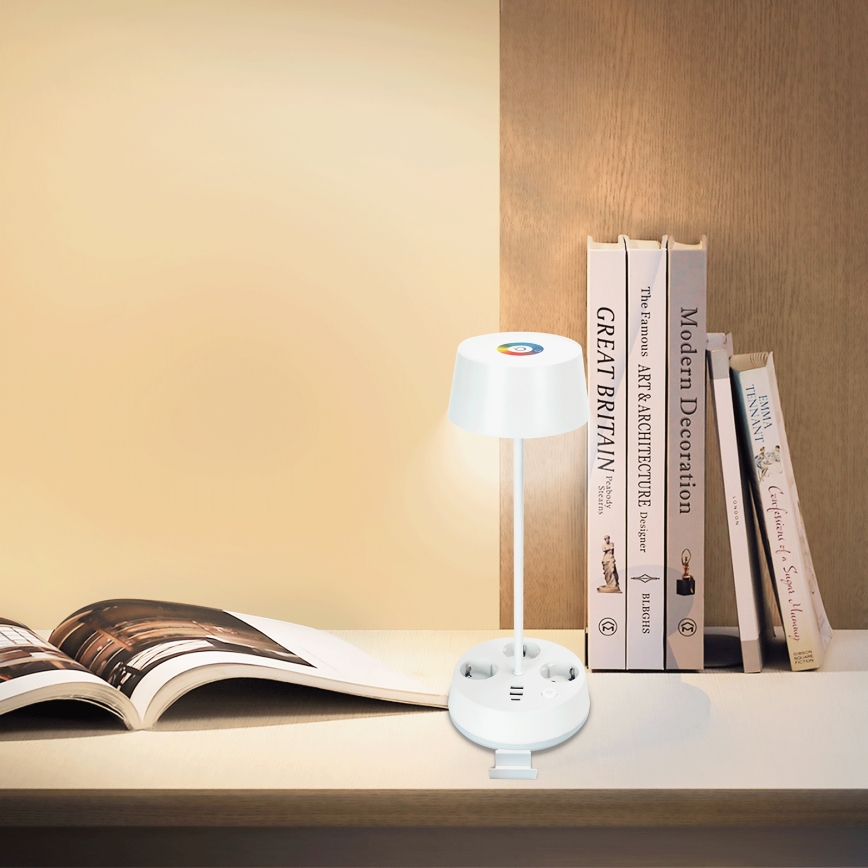 Aigostar - LED RGBW Dæmpbar skrivebordslampe med stikkontakter og USB LED/4,6W/230V 3000/4000/6500K hvid