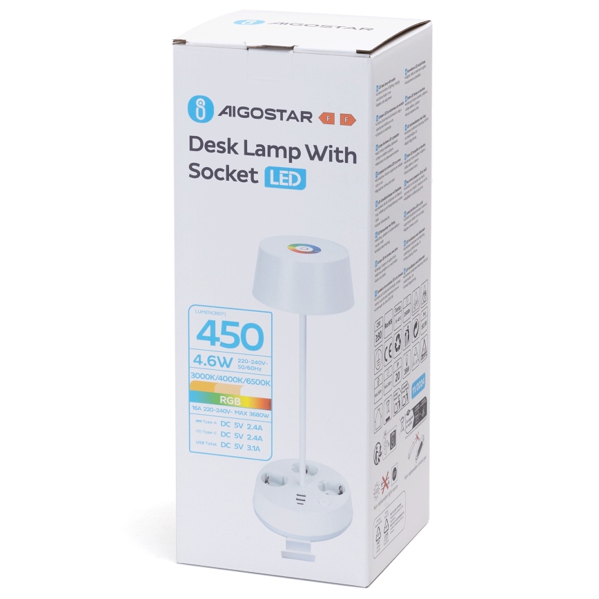 Aigostar - LED RGBW Dæmpbar skrivebordslampe med stikkontakter og USB LED/4,6W/230V 3000/4000/6500K hvid