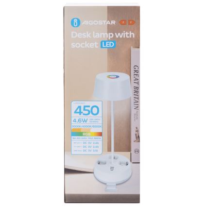 Aigostar - LED RGBW Dæmpbar skrivebordslampe med stikkontakter og USB LED/4,6W/230V 3000/4000/6500K hvid