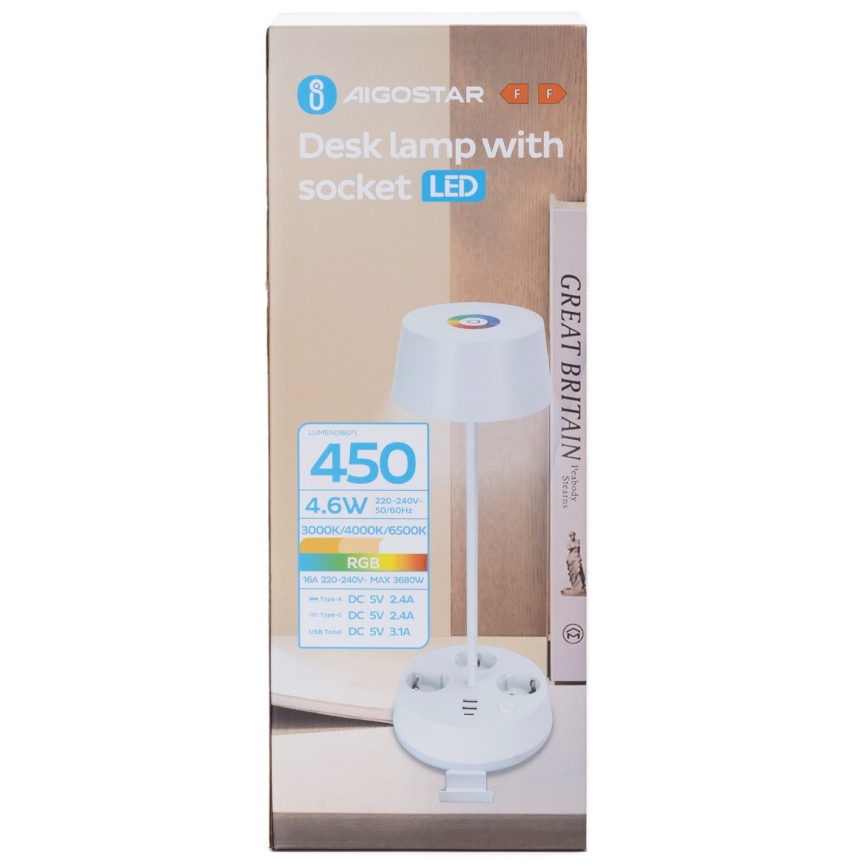 Aigostar - LED RGBW Dæmpbar skrivebordslampe med stikkontakter og USB LED/4,6W/230V 3000/4000/6500K hvid