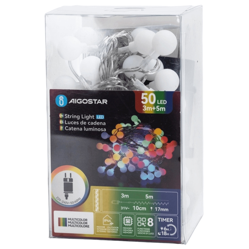 Aigostar - Udendørs dekorationslyskæde, 50 LED, 8 funktioner, 5 m, IP44, multifarvet