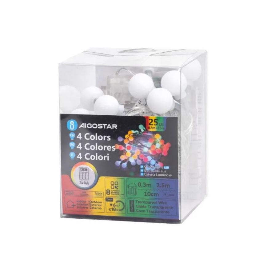 Aigostar - LED RGBY Udendørs julekæde 25xLED/3xAA/8 funktioner 2,8 m IP44