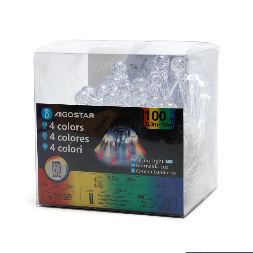 Aigostar - LED udendørs julelyskæde 100xLED/8 funktioner 3xAA 10m IP44 multifarvede dråber