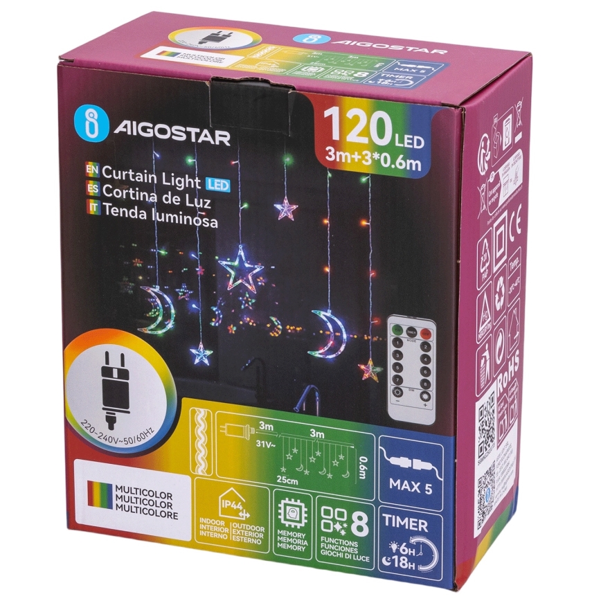 Aigostar - LED RGBY Udendørs julelyskæde 120xLED/8 funktioner 3x0,6m IP44 multifarvet + fjernbetjening