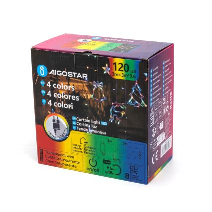 Aigostar - LED RGBY Udendørs julelyskæde 120xLED/8 funktioner 3x0,6m IP44 multifarvet + fjernbetjening